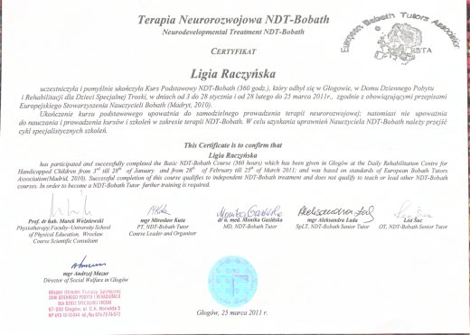 Certyfikat Terapia neurorozwojowa NDT Bobath – Ligia Raczyńska Syców