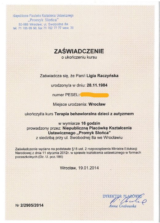 Certyfikat Terapia behawioralna dzieci z autyzmem – Ligia Raczyńska Syców