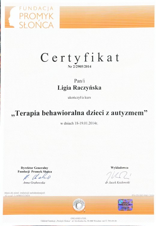 Certyfikat Terapia behoawioralna dzieci z autyzmem – Ligia Raczyńska Syców