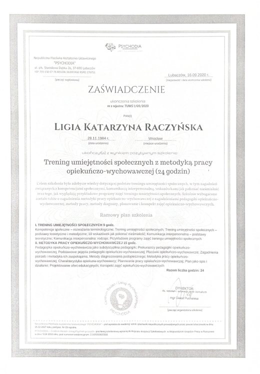Certyfikat Trening umiejetnosci spolecznych z metodyka pracy opiekunczo wychowawczej – Ligia Raczyńska Syców